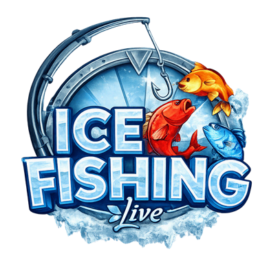 Ice Fishing žiemos žvejybos tematikos sloto žaidimas su šaltu kraštovaizdžiu